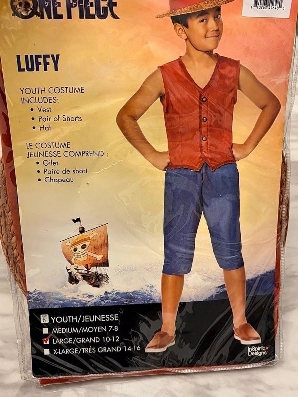 NWT One Piece Luffy Costume Kit Youth Large 10-12 XL 14-16 Spirit Halloween Cosp